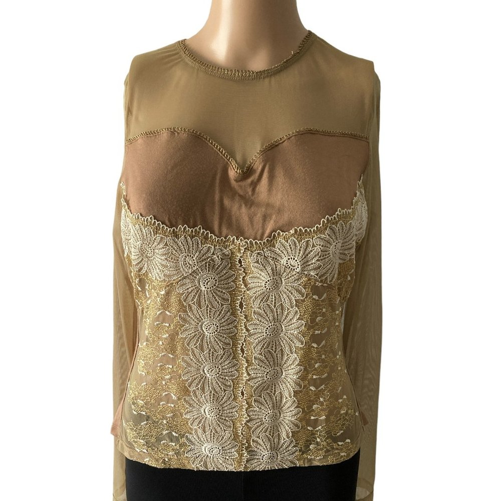 Adam Pour Eve Gold Sheer Floral Detail Size Medium Top